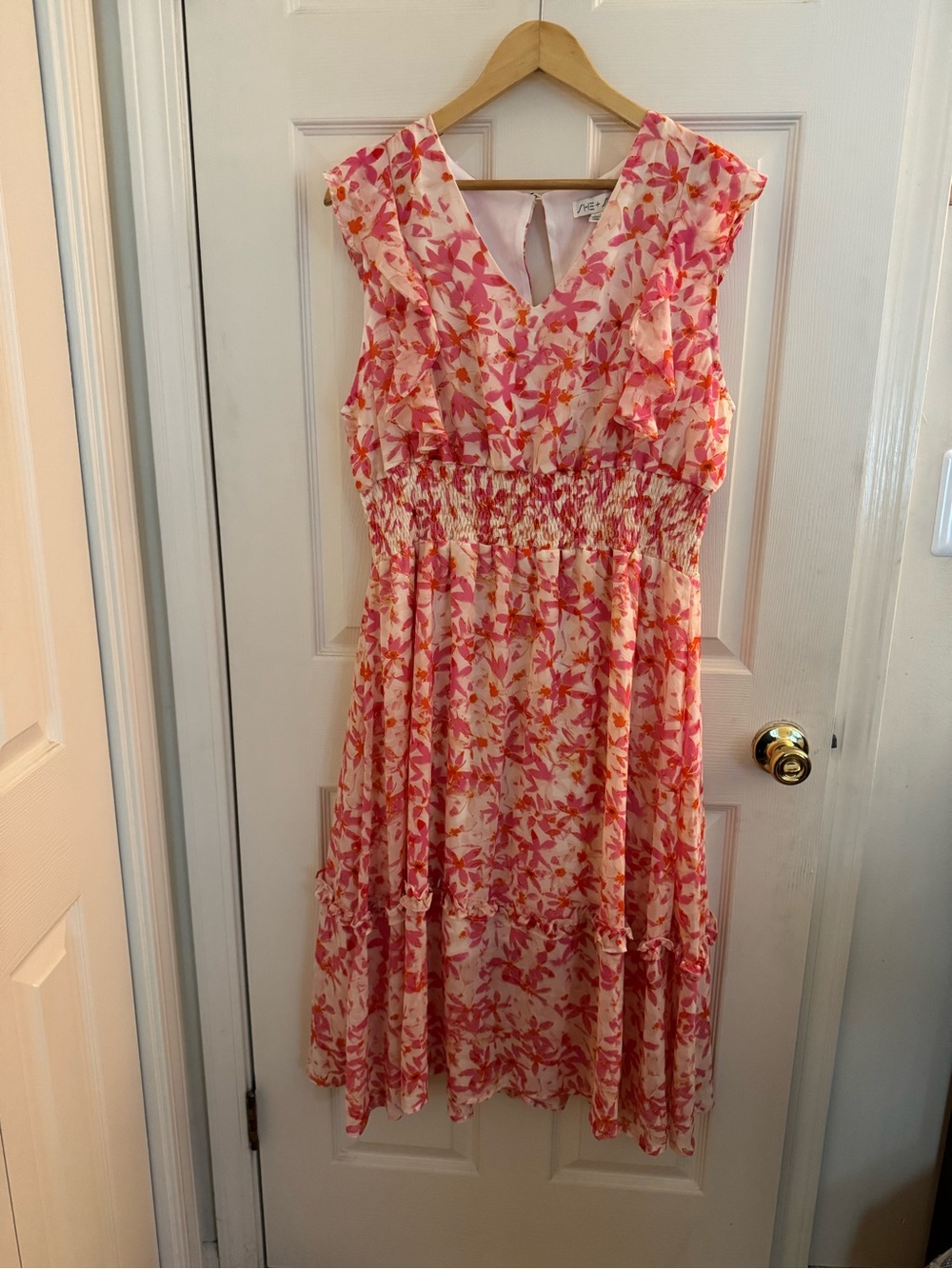 She + Sky Pink and Coral Floral Midi Dress